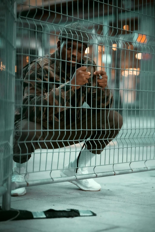 a man sits behind a fence with a cell phone