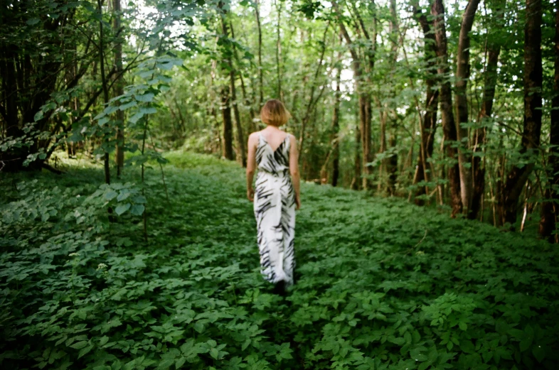 a woman walking in the woods alone