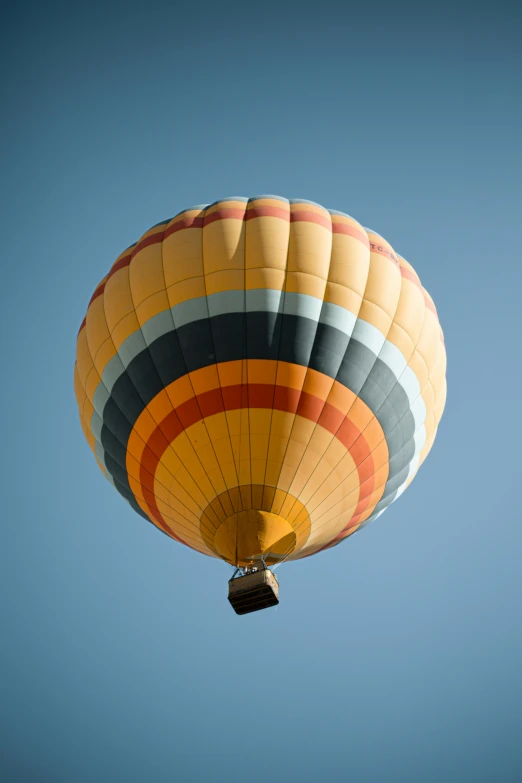 a large colorful  air balloon flies through a clear blue sky