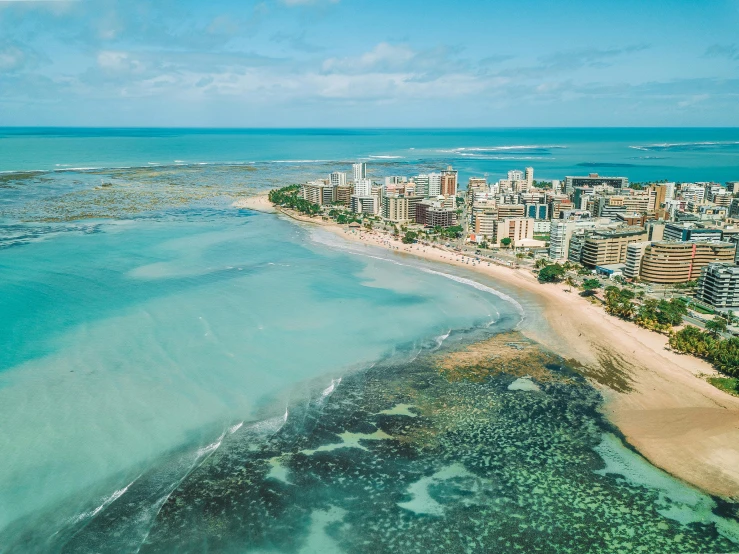 a city skyline is shown from the air