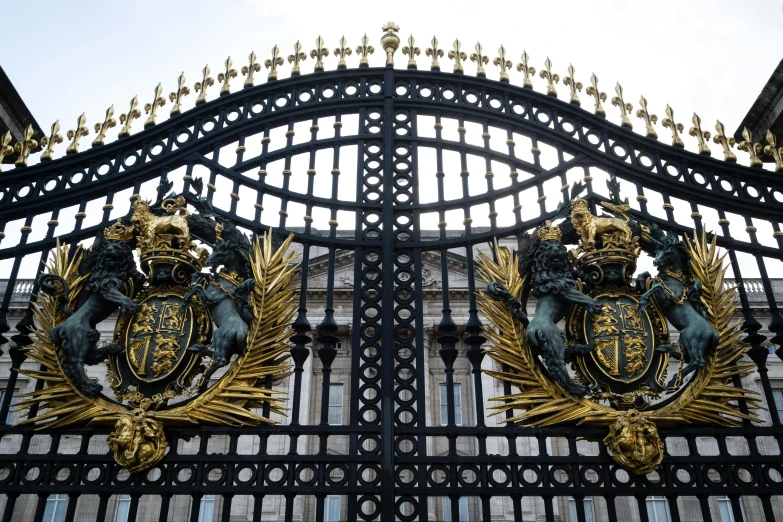 the view through a fence, featuring two ss coat of arms