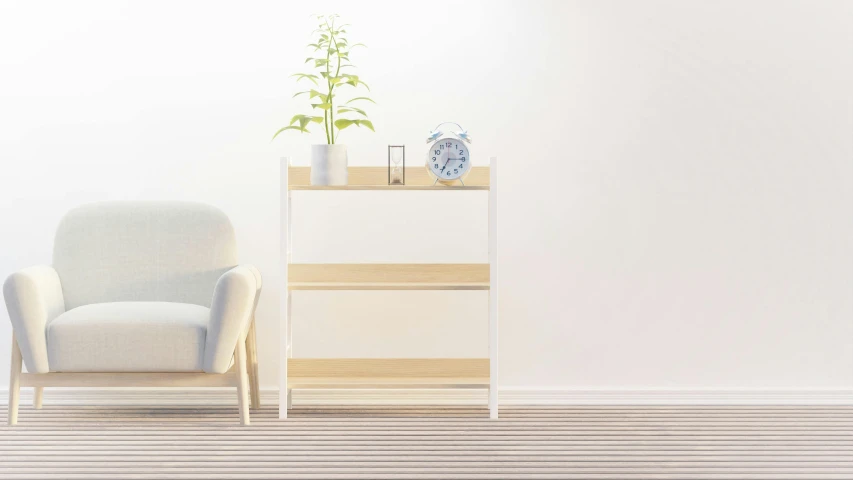 a white chair and a wooden table with a plant on top