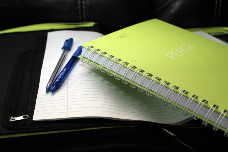 a notebook with a pen is sitting on top of a leather chair