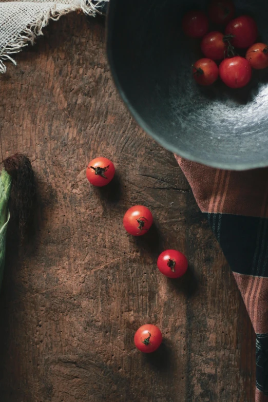 several tomatoes are laid out in a kitchen setting