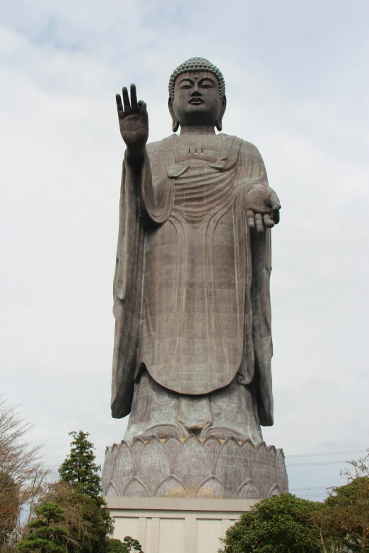 the large buddha statue has his hands raised