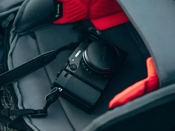 a camera is sitting in the back of a backpack