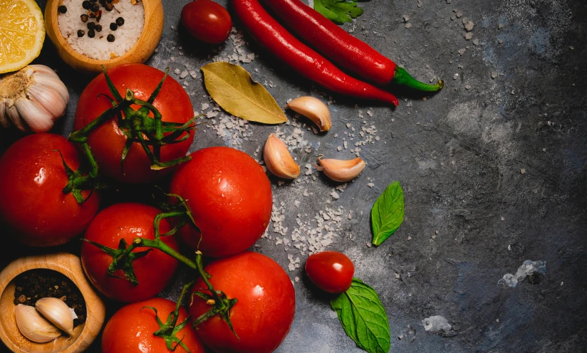 several tomatoes, garlic, lemons and other fruits and vegetables