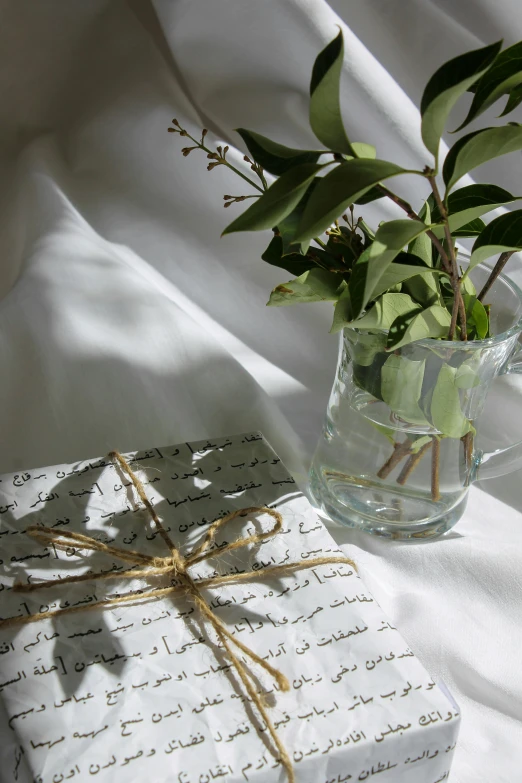 the small vase is holding a plant on a paper