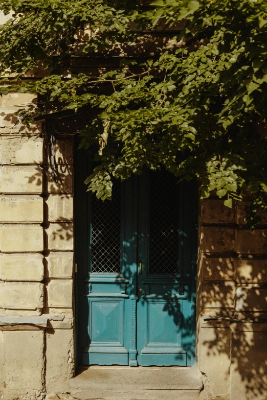 a green and blue door is standing between two buildings