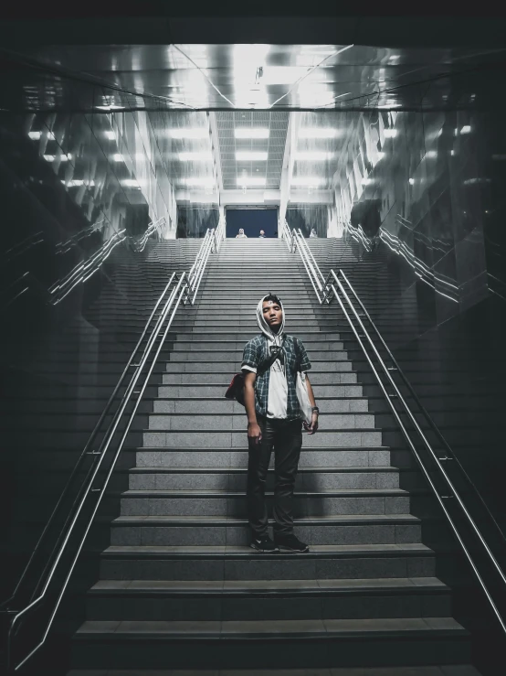 a man posing on the stairs in a building
