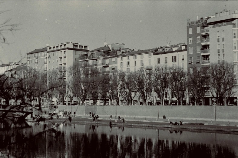 there is a large lake near the buildings