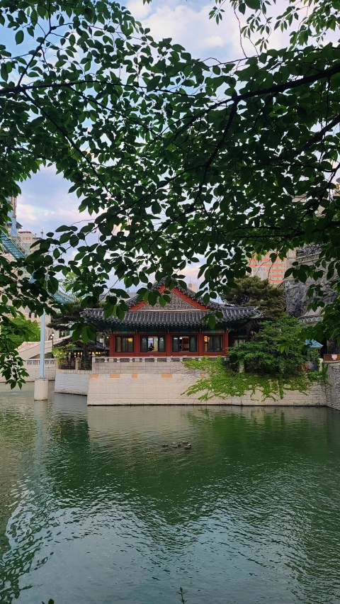 a chinese building next to the water with a lot of trees around it