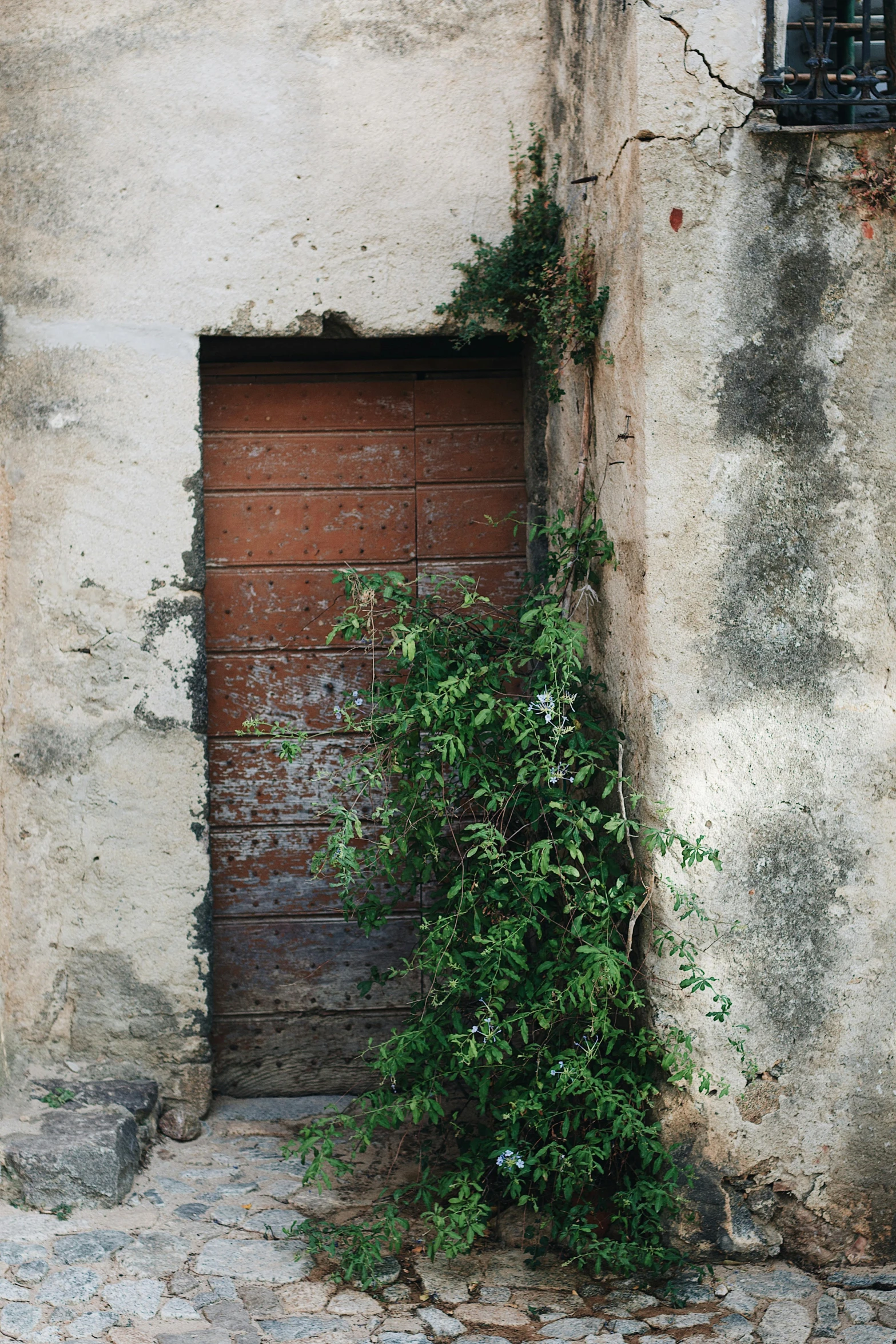 an old building with a brick door and green vines growing out of it