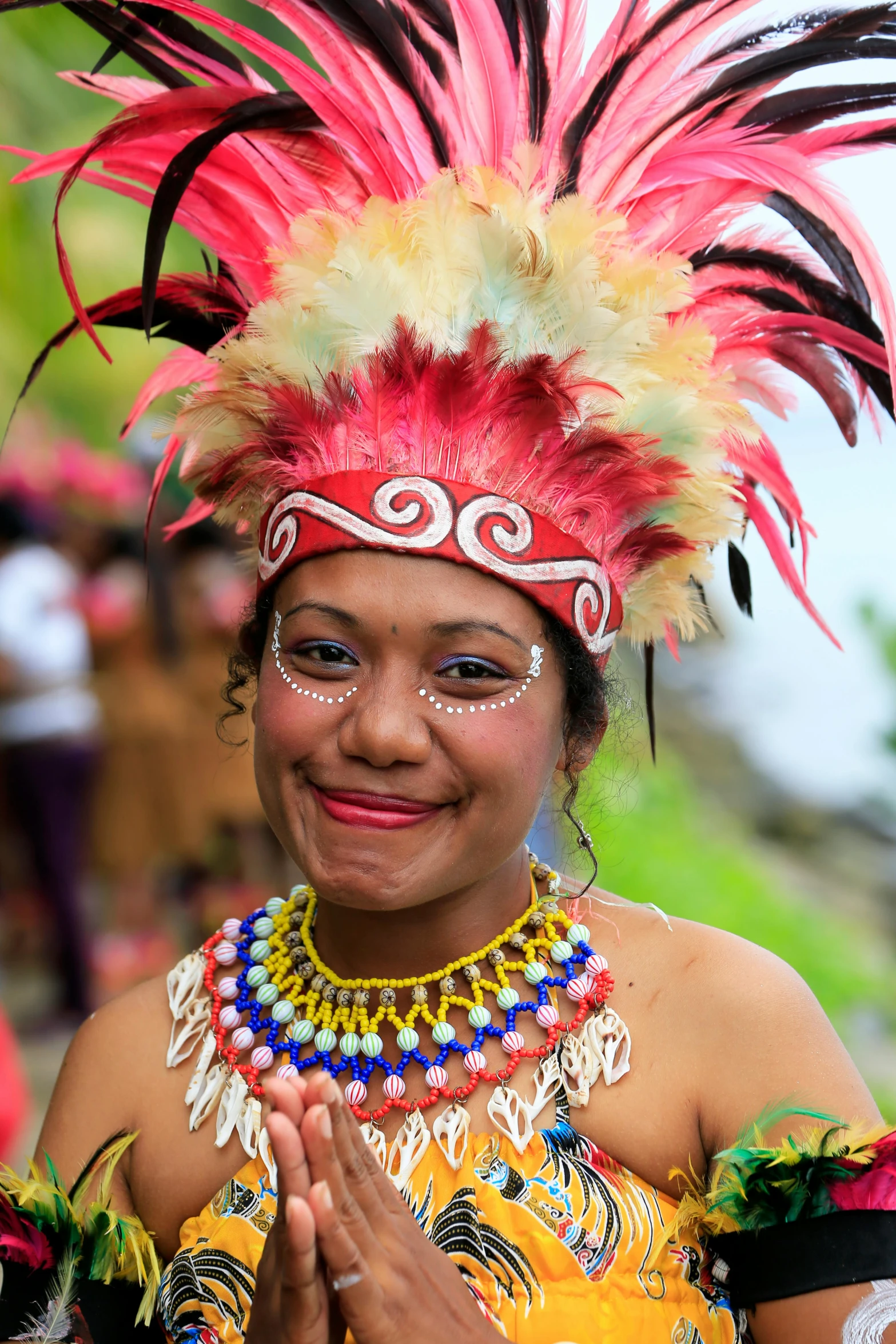 a woman wearing brightly colored feathers and dress