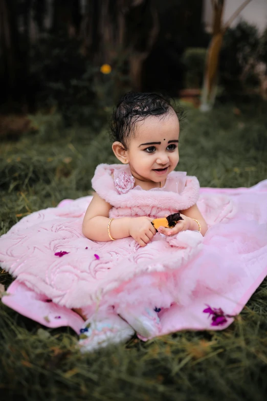 a baby in a pink dress sitting on grass and smiling