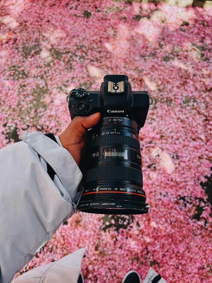 the person is holding the camera up with pink flowers on it