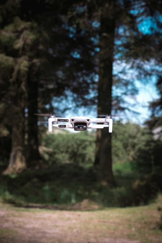 a small white unmanned flying in the forest