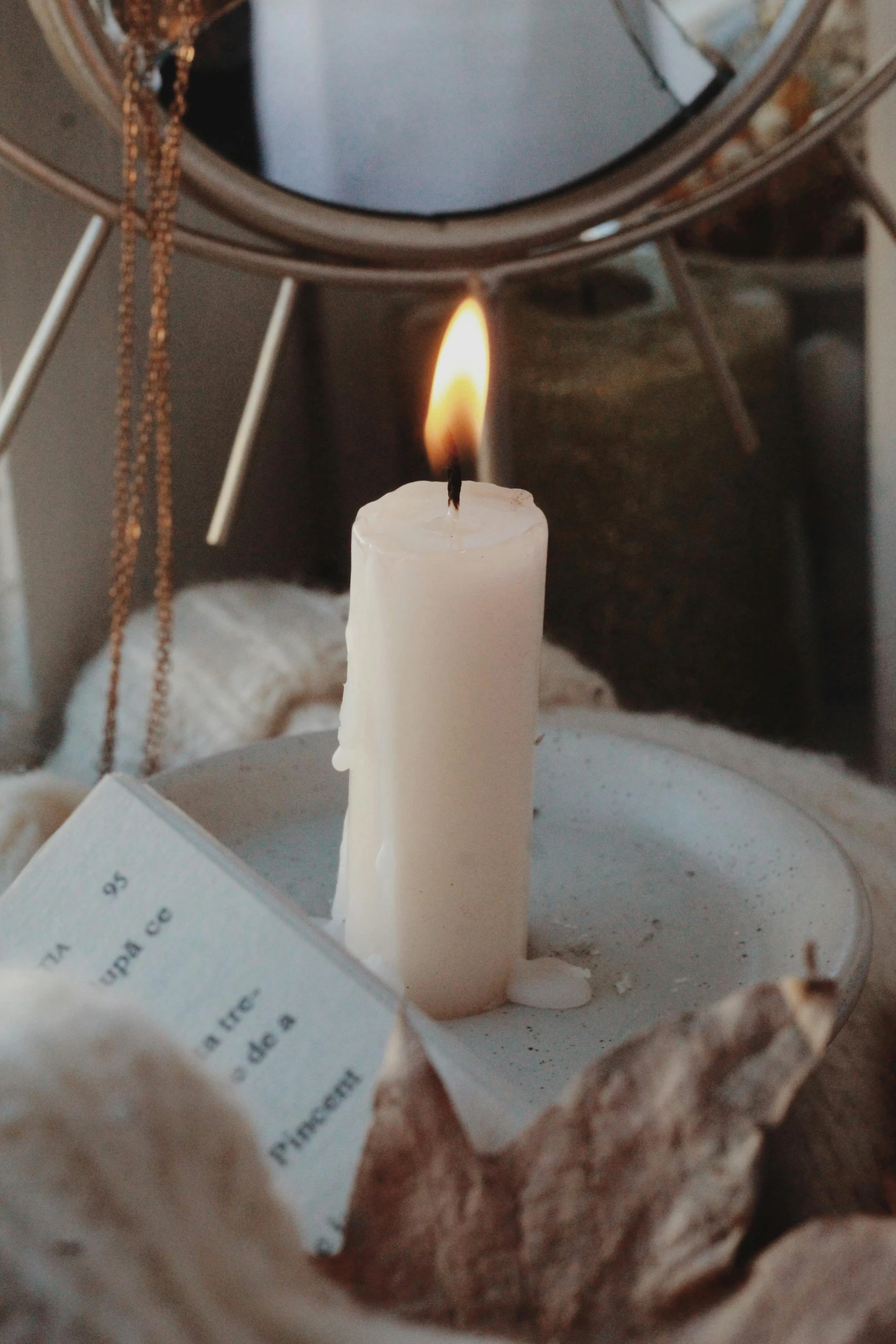 a candle is placed on a plate with a book
