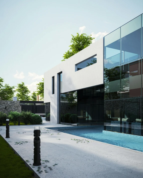 a very nice modern house and its swimming pool