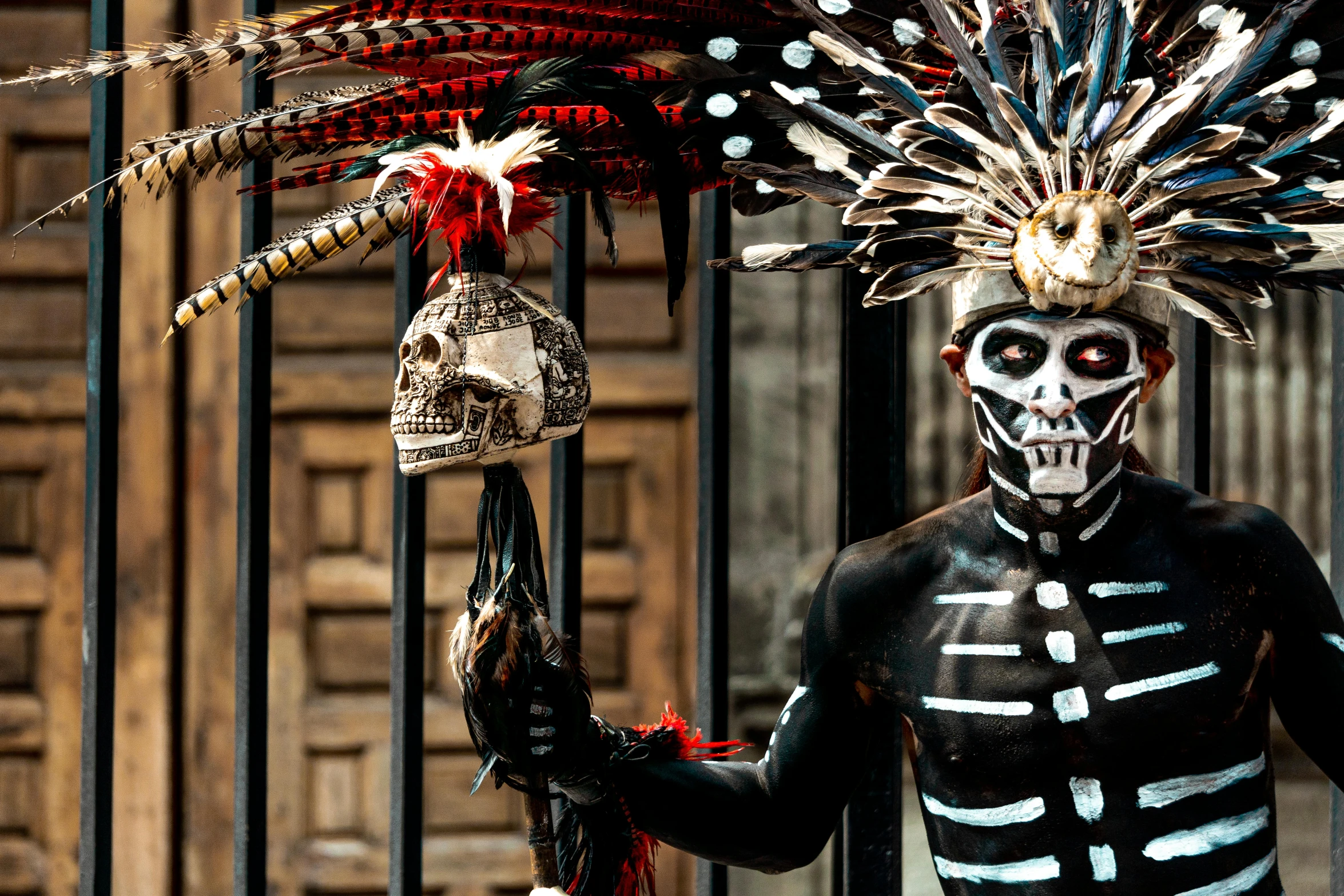 skeleton wearing a costume standing next to a gate