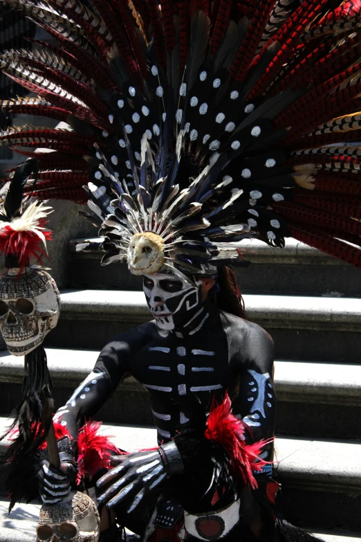 a skeleton wearing a costume with feathers on his head