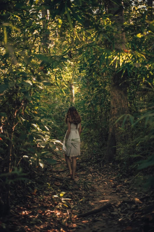 a woman walks through a grove of trees while the sunlight peeks through