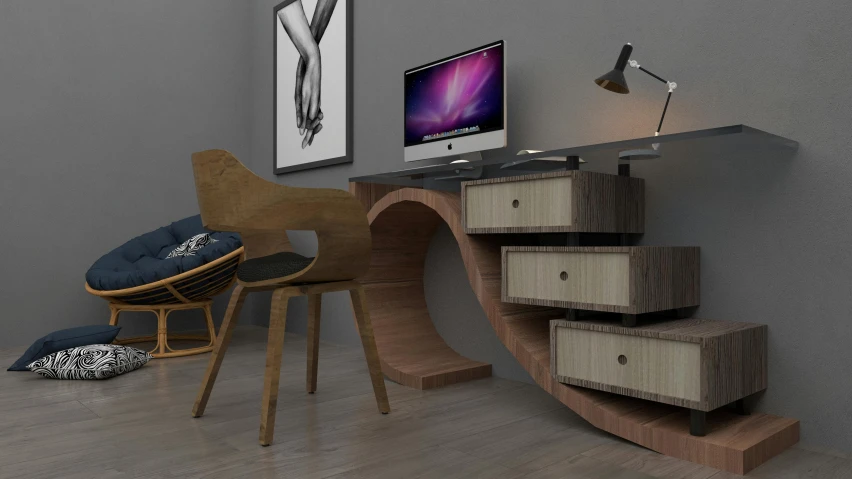 a computer desk and chair in an office with grey walls