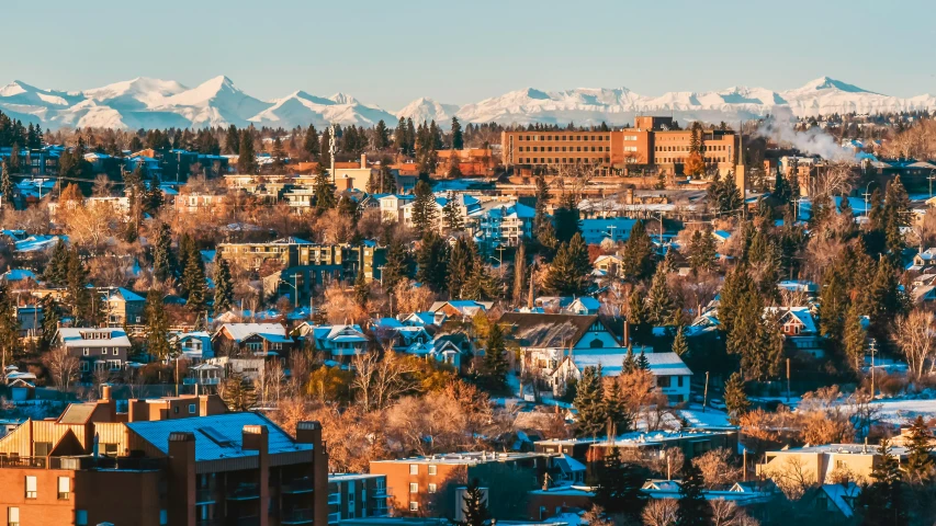 an aerial view of houses, buildings and snowy mountains