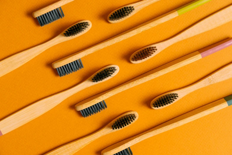 a set of bamboo brushes arranged next to each other on an orange background