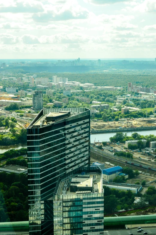 an aerial view of a city skyline with buildings