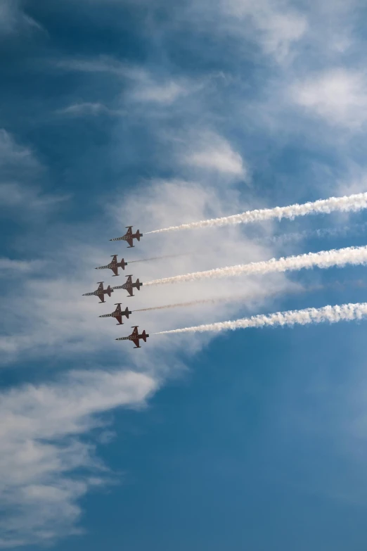 a group of jetliner flying in formation in a blue sky