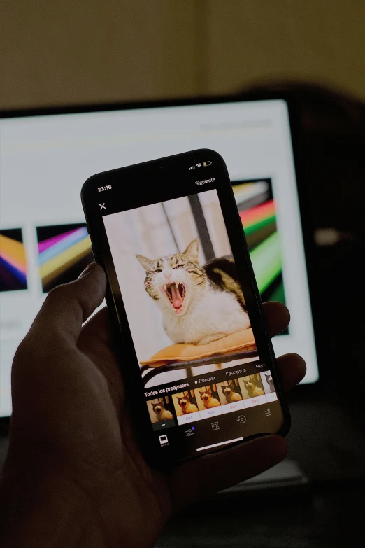 someone holding up an open cell phone while looking at a computer screen