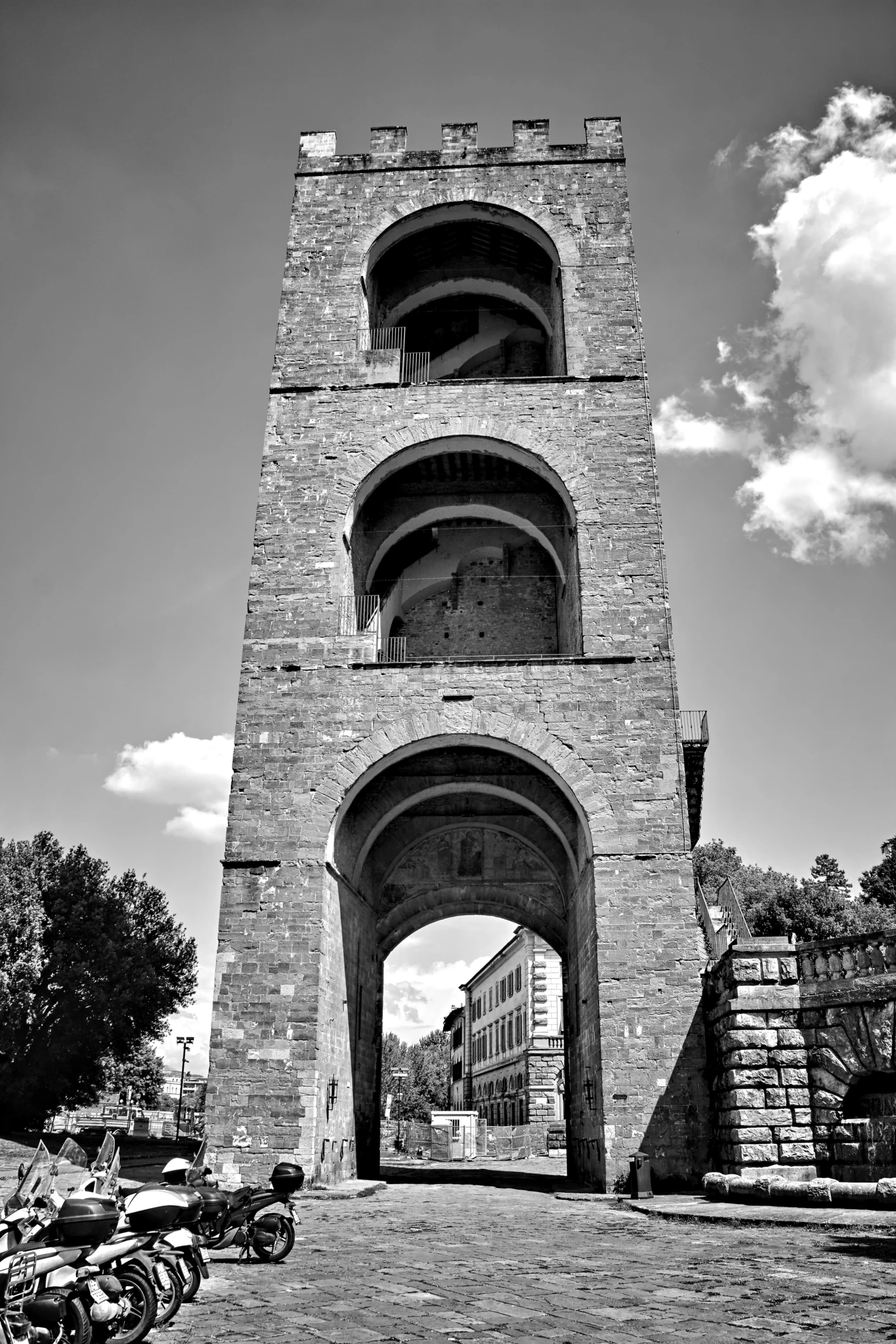 a black and white image of a clock tower