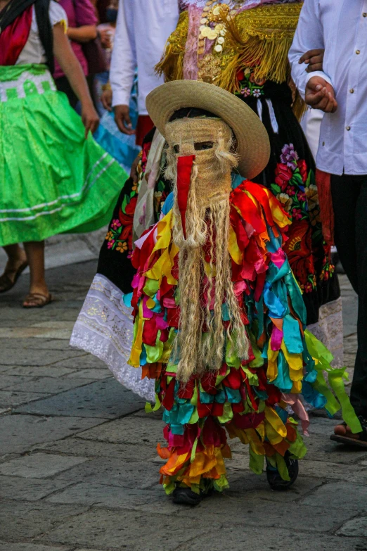 an individual is wearing a costume with brightly colored details