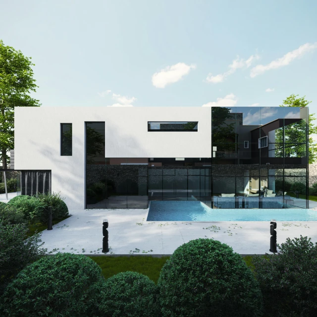 an architectural rendering of a house with large pool