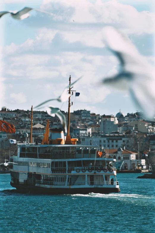 a large ferry is in the water with some birds above