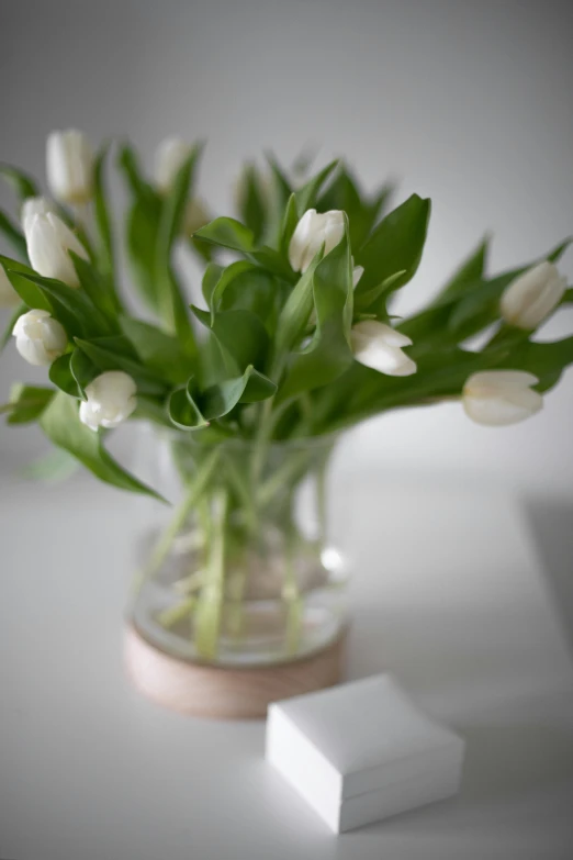 white tulips and other flowers are arranged in a vase