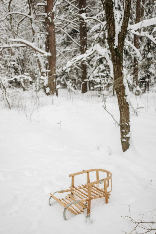 a small wooden cart is sitting in the snow near trees