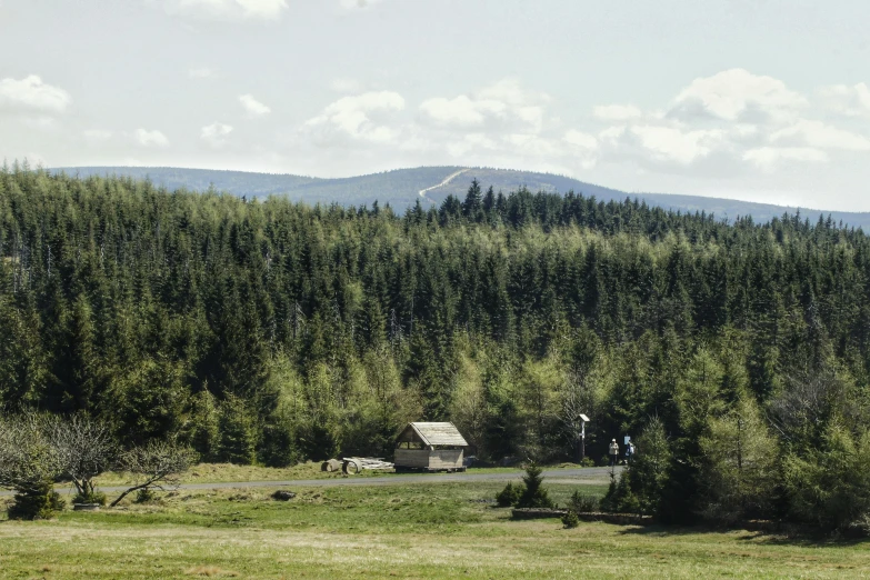 an area in the mountains with green grass