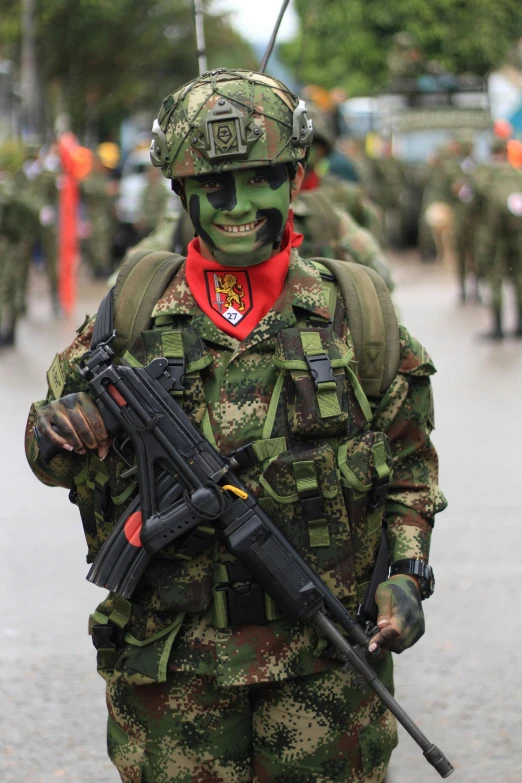 military soldiers carrying guns and standing on a cobblestone street