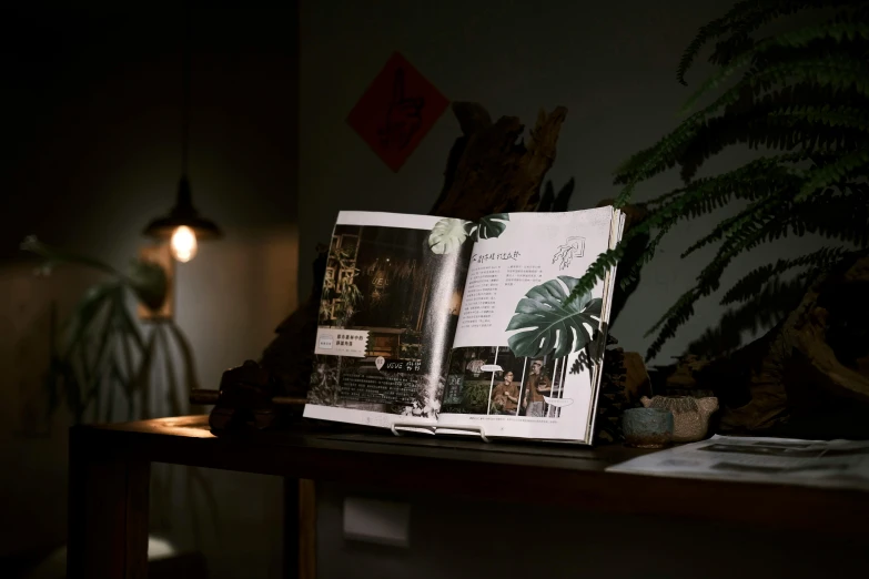 a large book sits on a table in the dark
