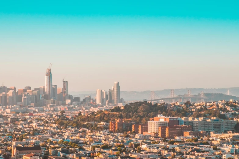 a city view with a clear sky, with some buildings