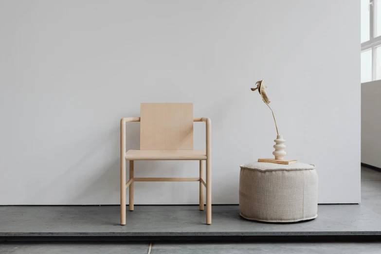 a chair sits in the corner with a plant in front of it