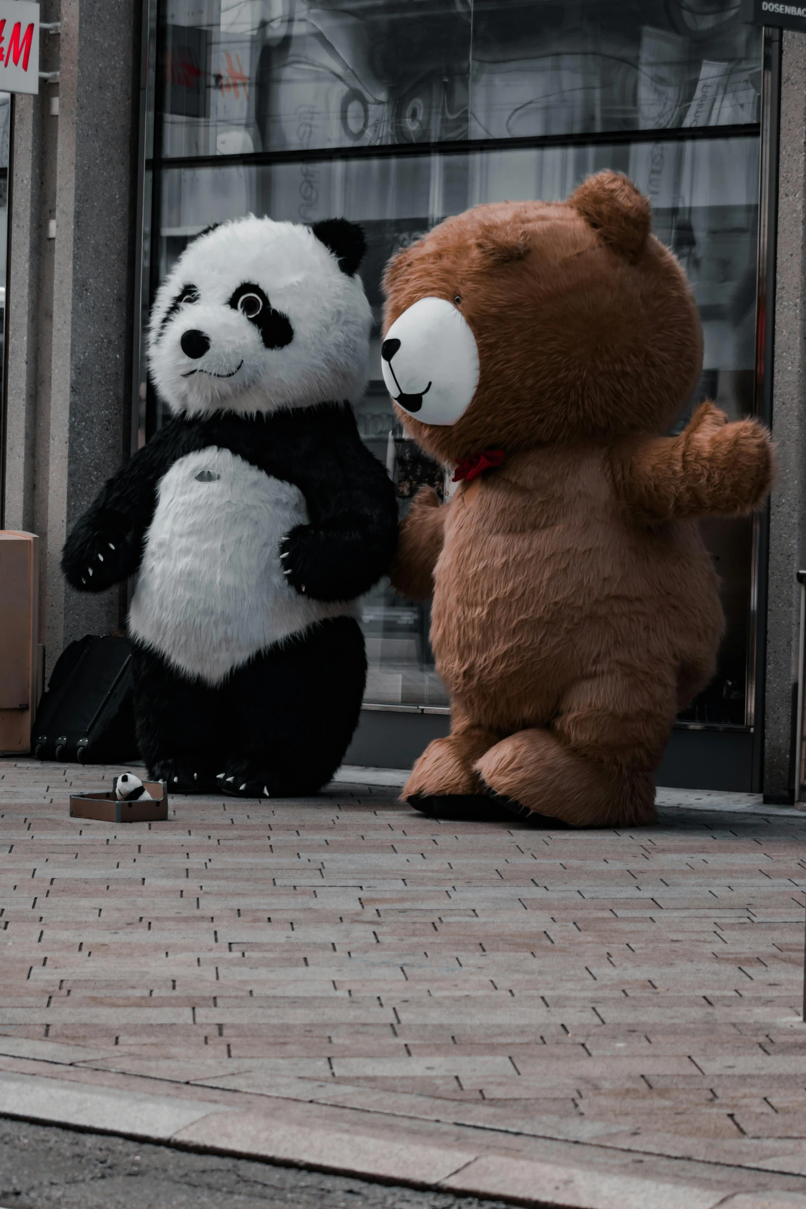 two stuffed pandas standing up next to each other