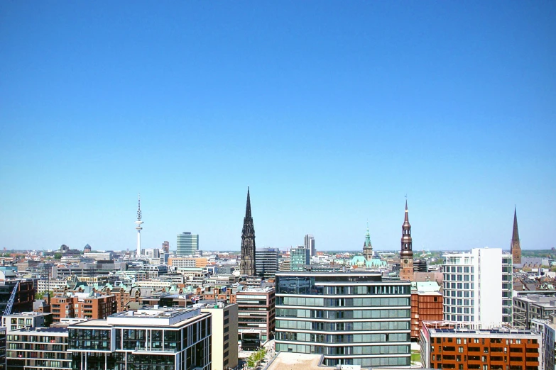 city view from a distance of tall buildings and spires