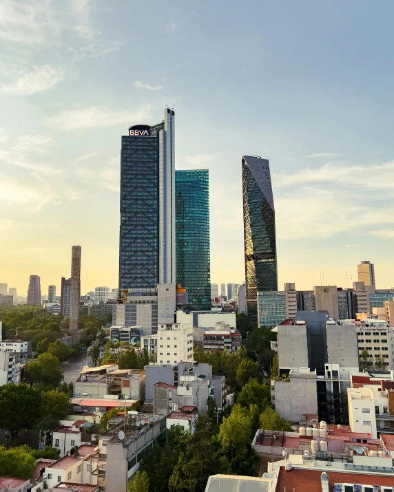 a view of a very tall city with many buildings