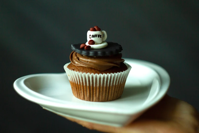 a hand holds a cupcake on a paper plate