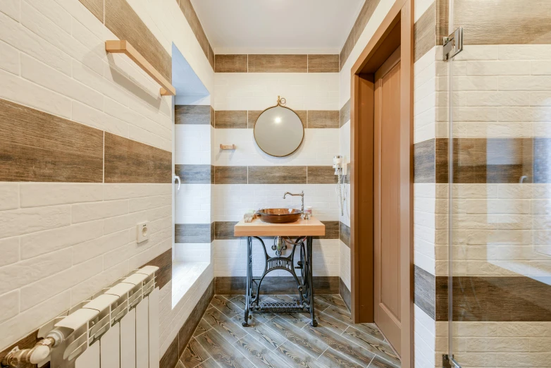 a room with a sink, mirror and shelf