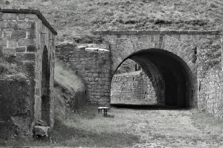 an old stone tunnel is near the grassy field