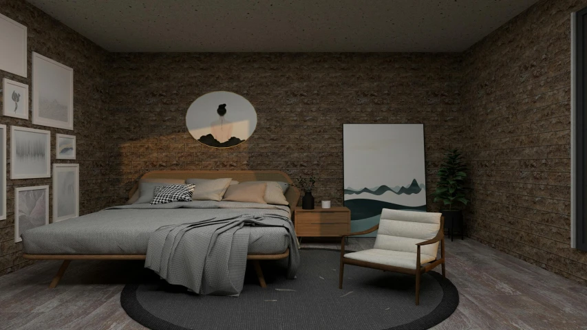 a bedroom with bed, chair, picture wall and brick walls